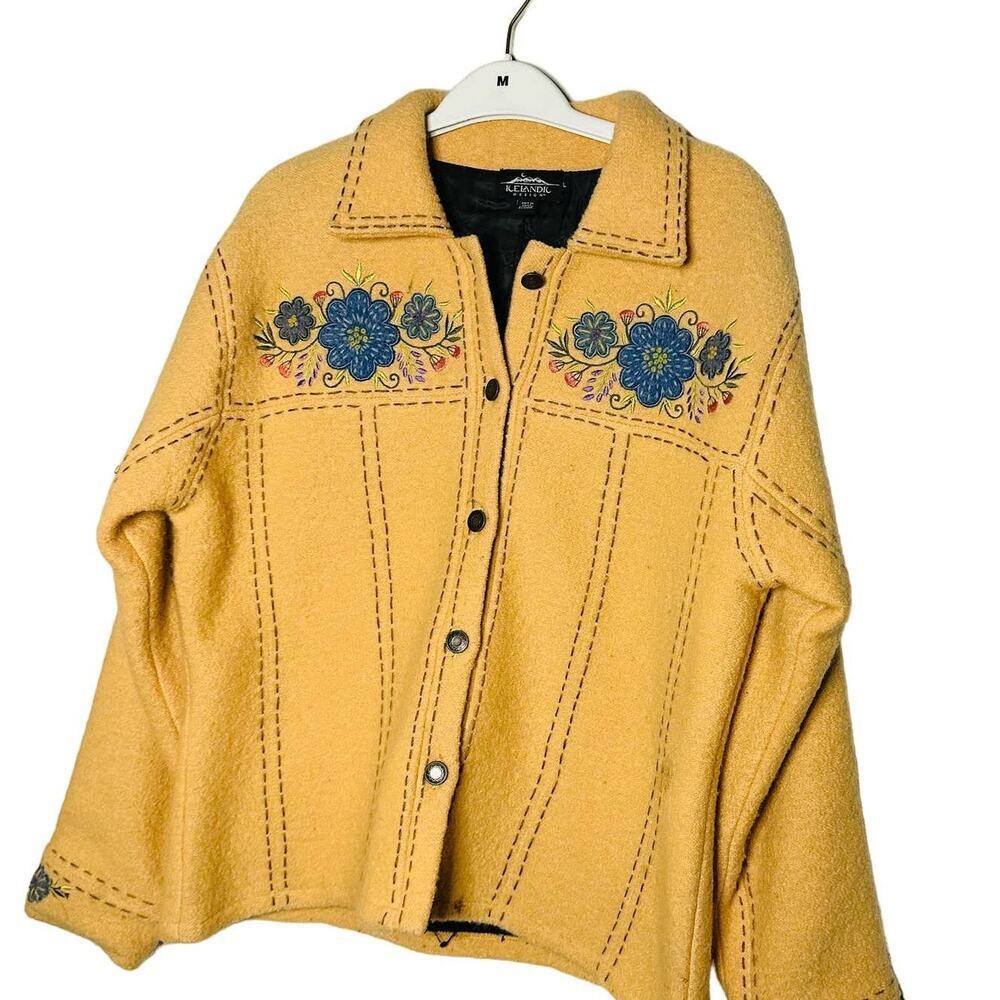Icelandic Design Mustard Yellow Floral Wool Embroidered Shacket Jacket Size L